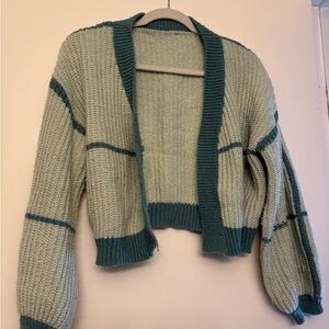 SHEIN Sage Green Cropped Open-Front Cardigan with Dark Green Trim